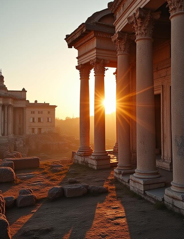 Vista suggestiva delle rovine romane al tramonto